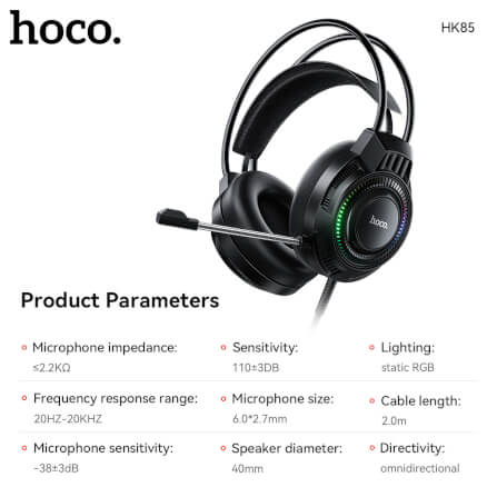 หูฟังเกมมิ่ง HOCO HK85 ดอกลำโพง 40MM ไมโครโฟน HD ถอดออกได้ แต่งไฟ RGB สายแจ็ค USB ยาว 2 เมตร_8
